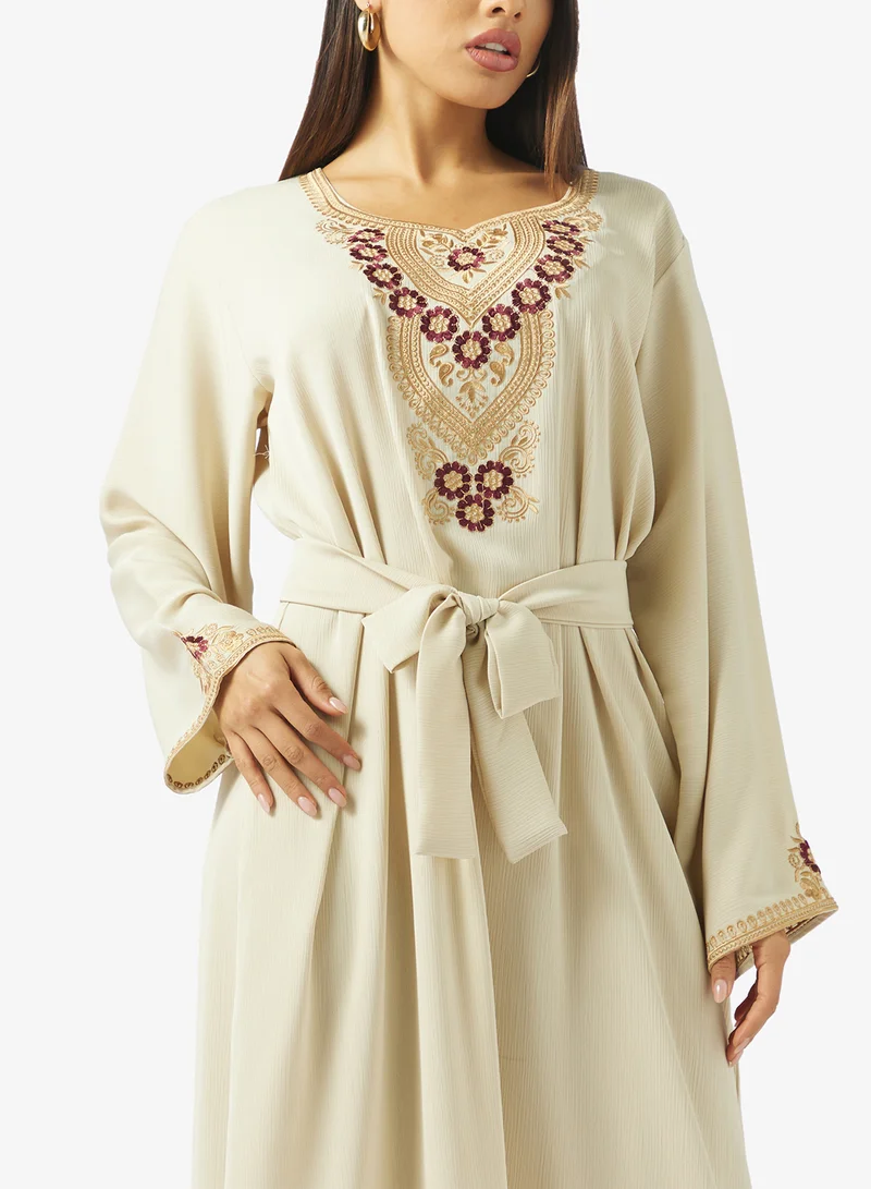 hayas closet  Floral Embroidery Work At Front Section And Belt Jalabiya for Women | Best Price UAE